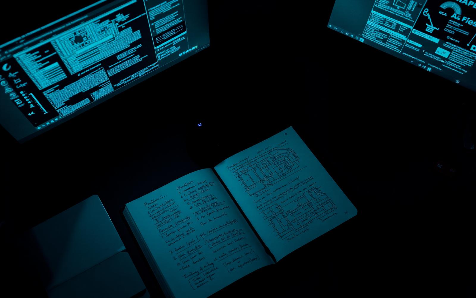 Engineer's desk at night with handwritten notes and monitors