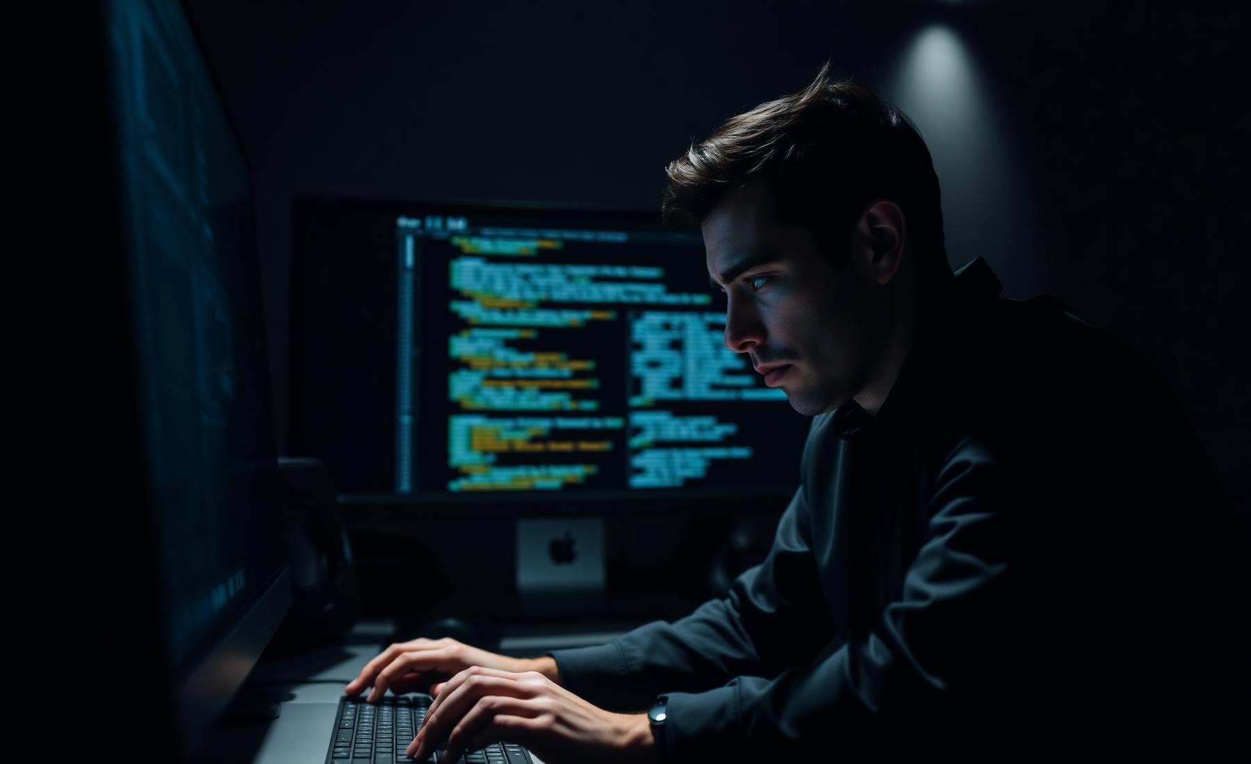 Engineers reviewing code on large monitors