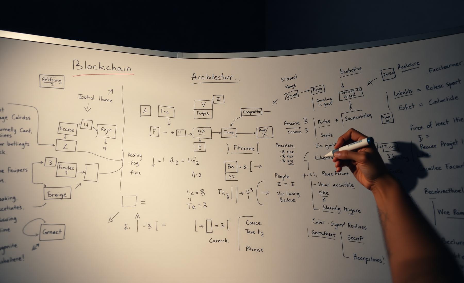 Whiteboard with hand-drawn blockchain architecture diagrams
